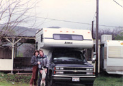 Jodie on our first camping trip to Pine Flat Lake with my dog Zack and my old Lance/Chevy Camper
