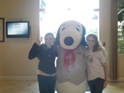 Michelle and Danielle with Snoopy at Knotts Berry Farm Hotel
